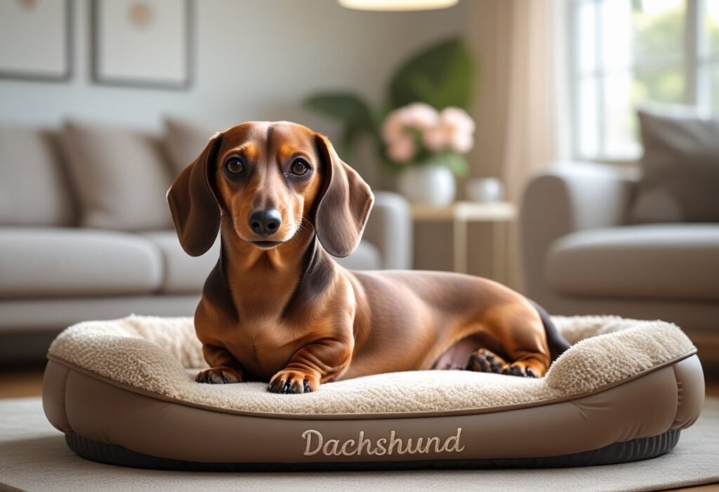 A dachshund sitting comfortably on a personalized pet bed in a cozy living room.