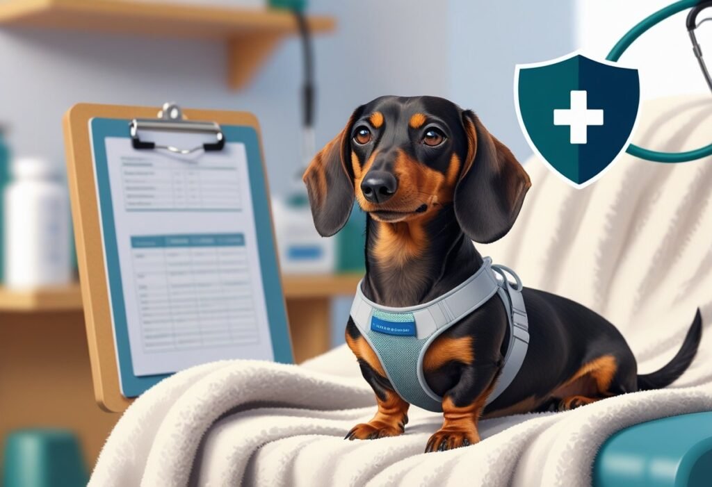 A dachshund wearing a supportive harness sitting on a blanket in a veterinary clinic, surrounded by medical and insurance-related items.
