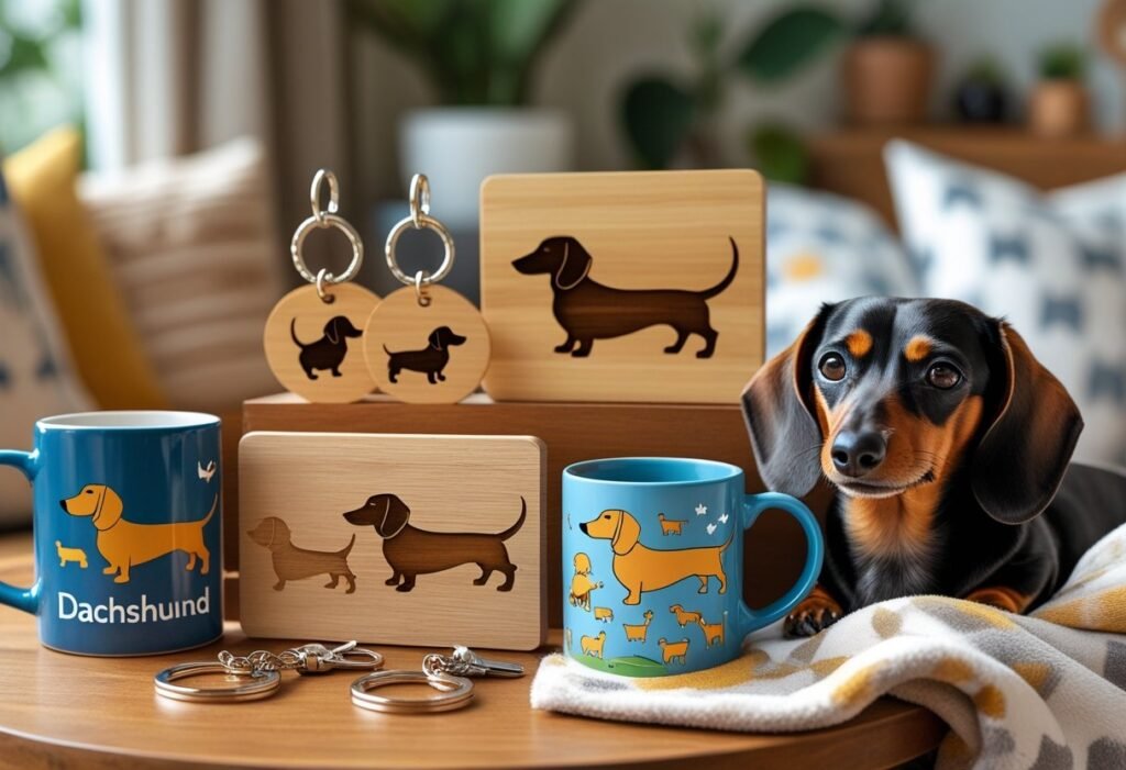 A variety of personalized dachshund-themed gifts arranged on a table with a dachshund dog sitting nearby.