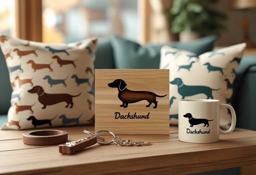 A collection of personalized dachshund-themed gifts displayed on a wooden table, including a keychain, wooden plaque, throw pillow, and coffee mug.