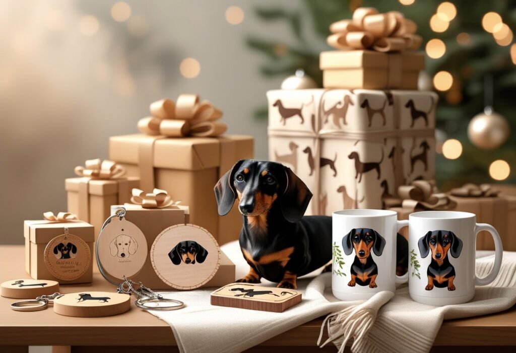A collection of personalized dachshund-themed gifts arranged on a wooden table, including keychains, blankets, mugs, and plaques, with soft natural lighting and gift boxes in the background.