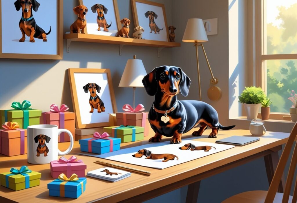 A cozy workspace with personalized dachshund gifts on a desk and a dachshund dog sitting nearby.