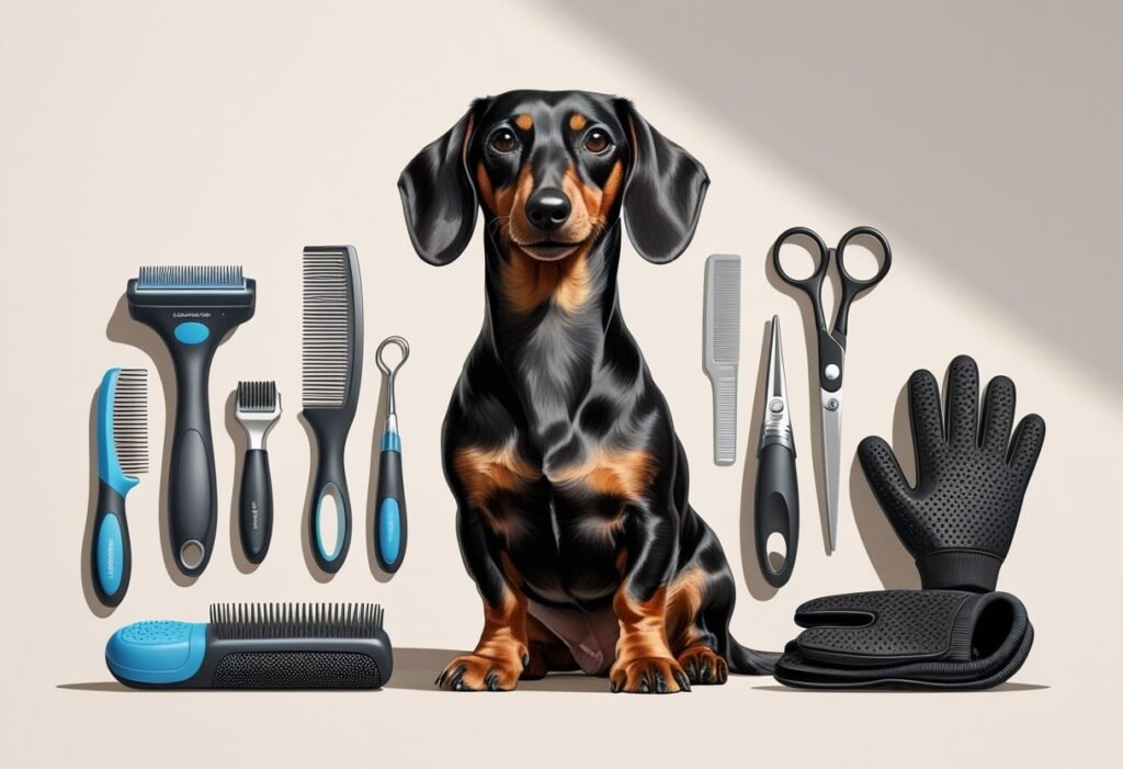 A Dachshund dog sitting calmly surrounded by grooming tools like brushes, combs, scissors, and nail clippers.