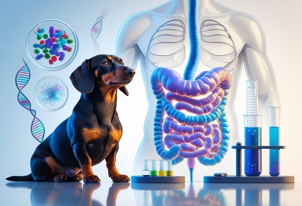A Dachshund sitting next to scientific equipment and a transparent view of its digestive system highlighting gut health.