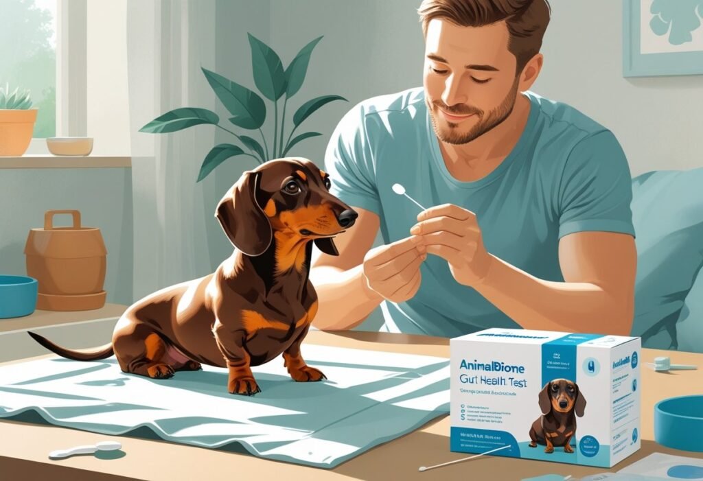A person collecting a sample from a calm dachshund using a gut health test kit in a clean, pet-friendly home setting.