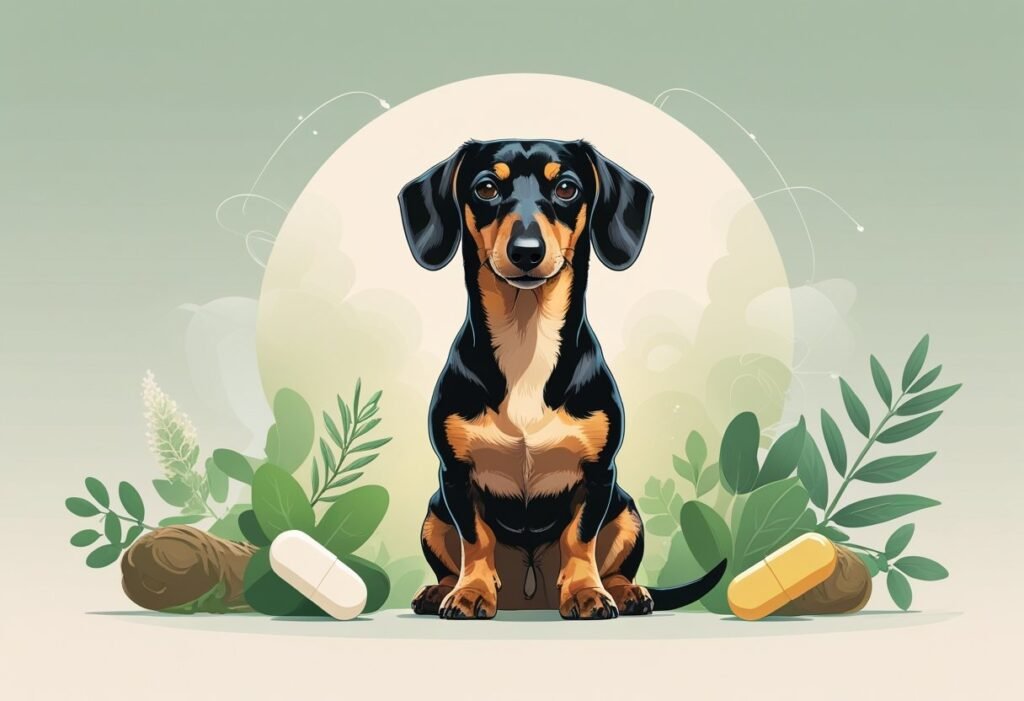A healthy Dachshund dog surrounded by illustrations of natural ingredients and capsules representing gut health supplements.