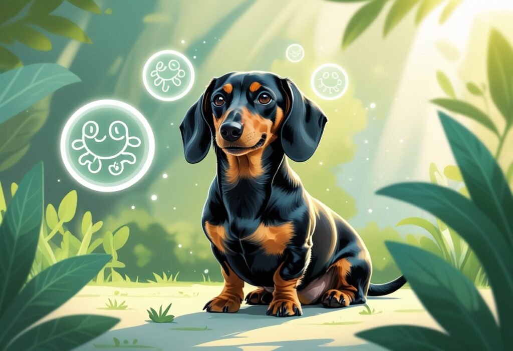 A healthy Dachshund dog sitting in a natural setting surrounded by symbols representing gut health and wellness.